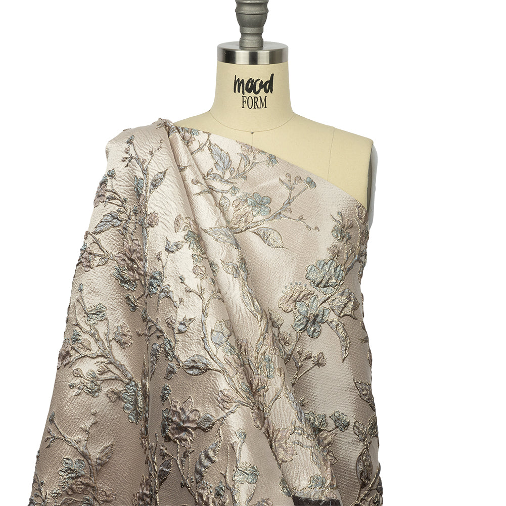 Metallic Pastel Pink and Light Blue Flowering Vines Luxury Brocade - Drape