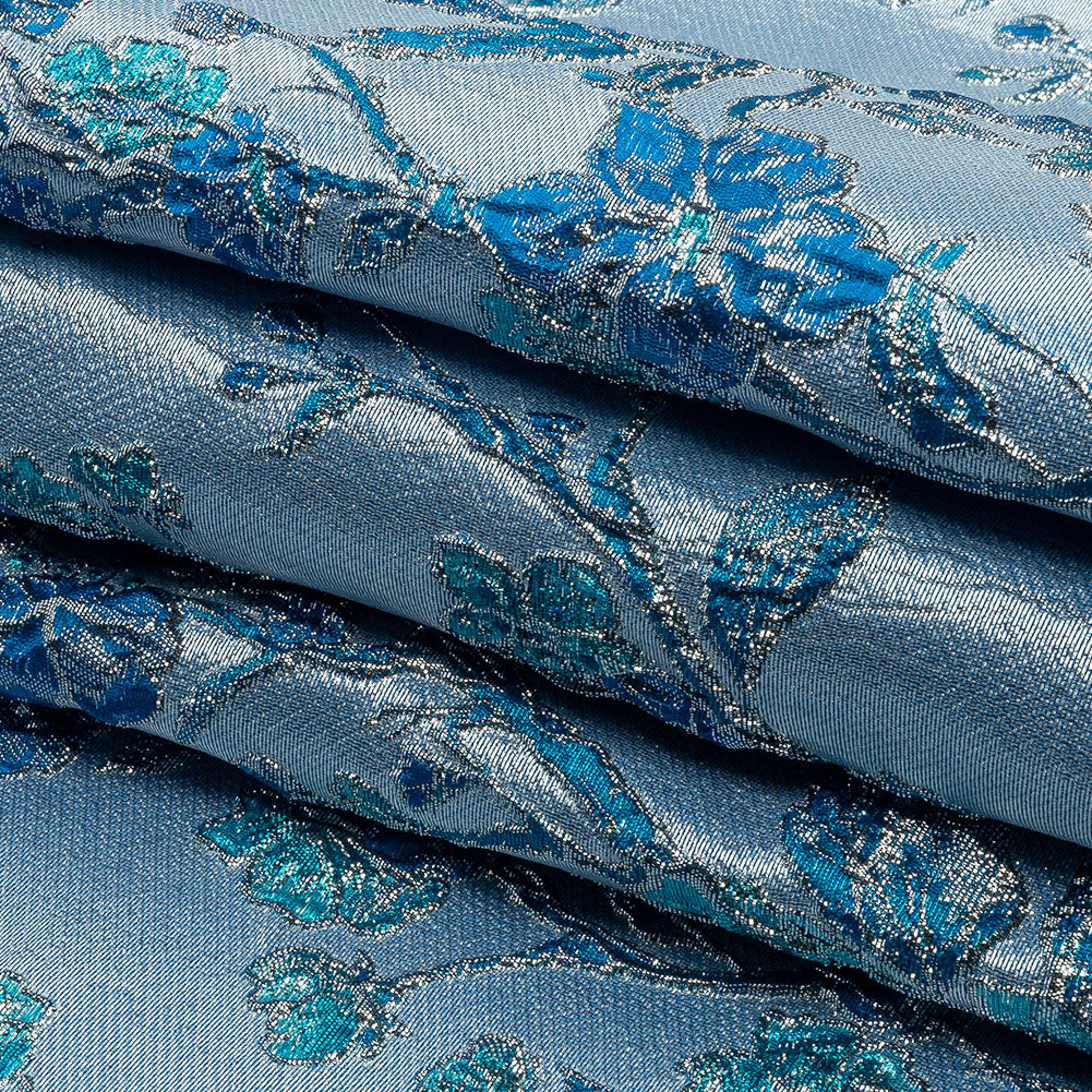 Metallic Periwinkle, Dark Blue and SIlver Flowering Vines Luxury Brocade - Folded