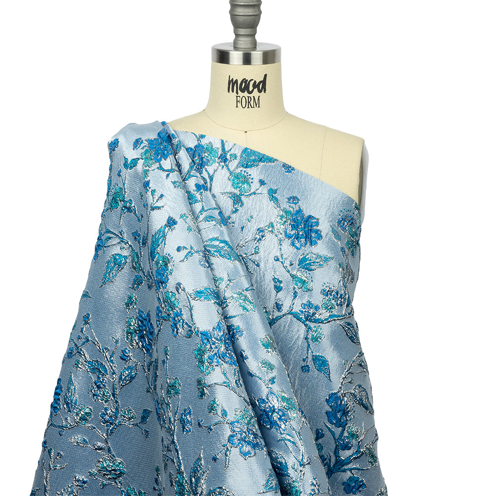 Metallic Periwinkle, Dark Blue and SIlver Flowering Vines Luxury Brocade - Drape