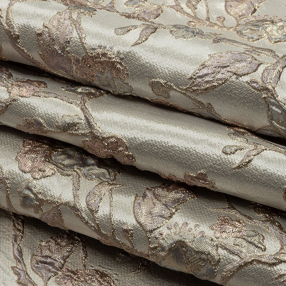 Metallic Gray, Gold and Bubblegum Pink Flowering Vines Luxury Brocade