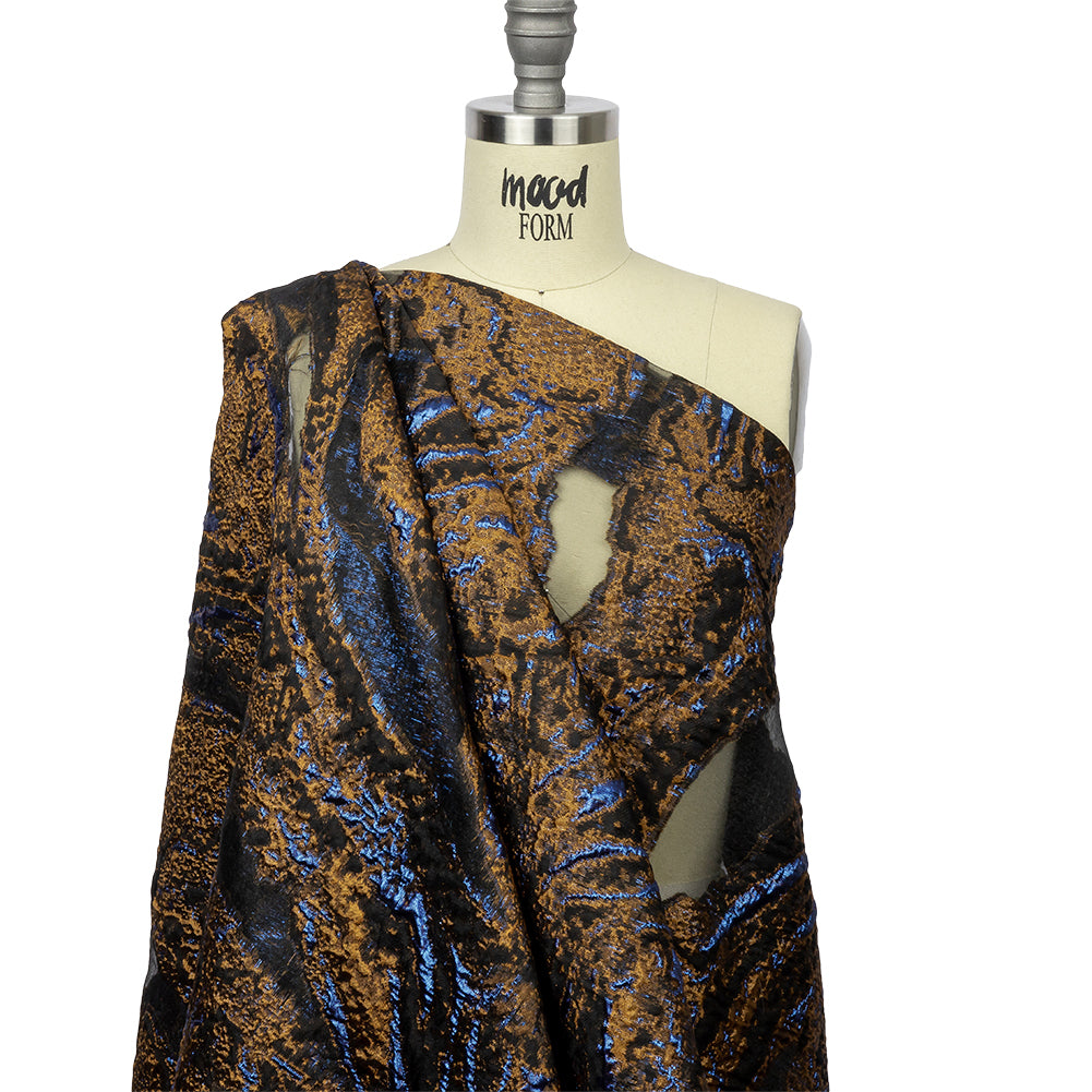 Metallic Copper and Berry Blue Abstract Luxury Burnout Brocade - Drape
