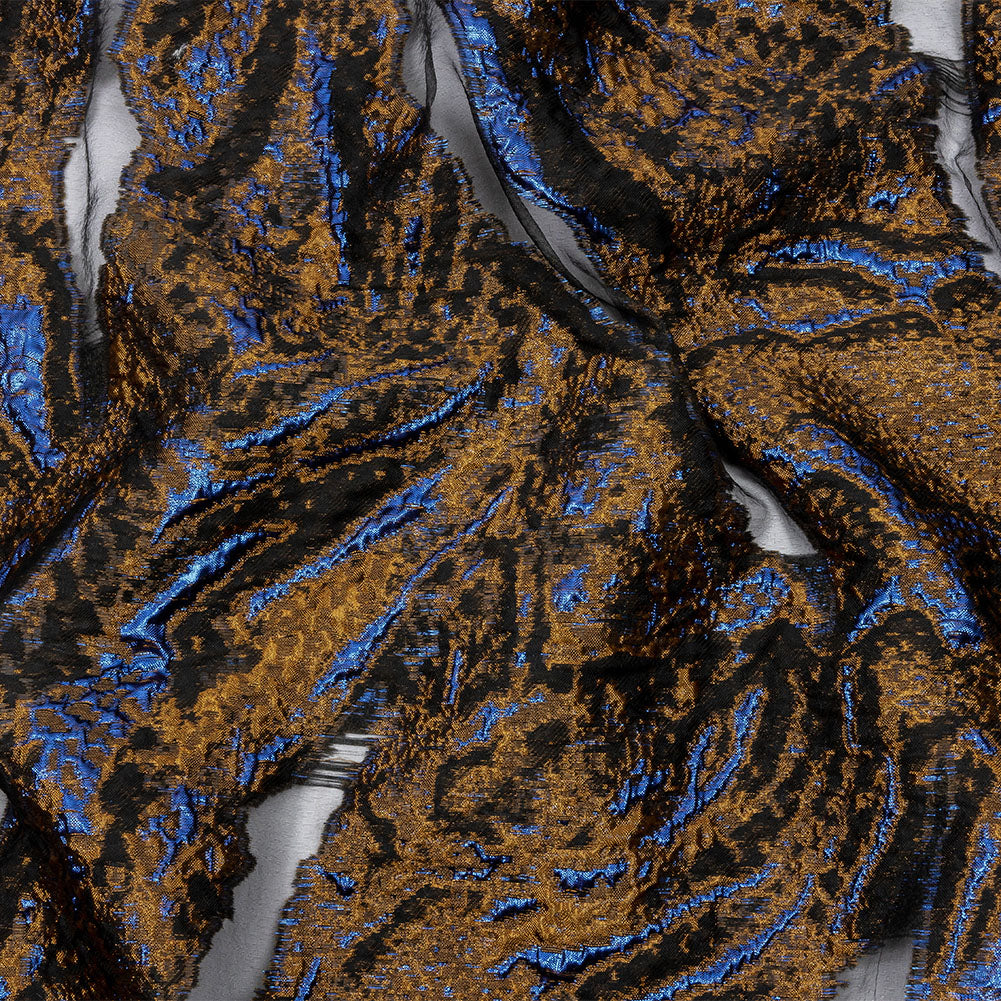Metallic Copper and Berry Blue Abstract Luxury Burnout Brocade