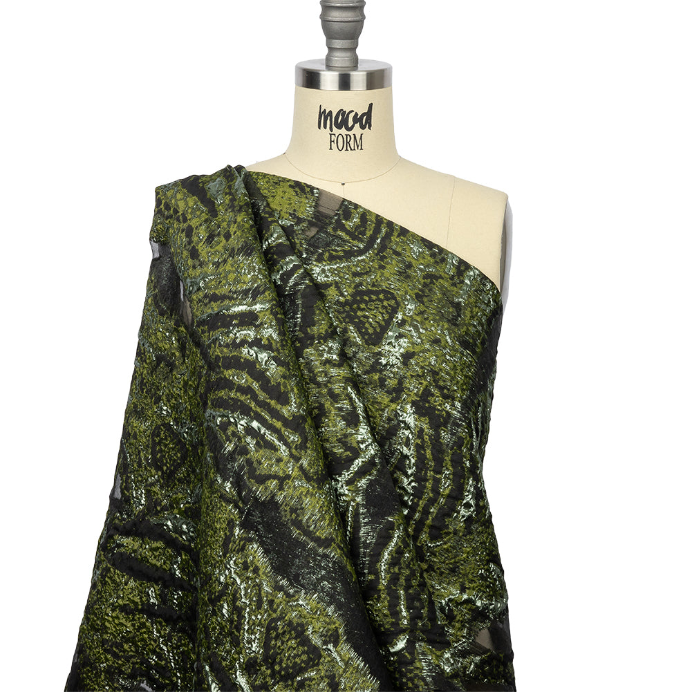 Metallic Pine Green and Black Abstract Luxury Burnout Brocade - Drape