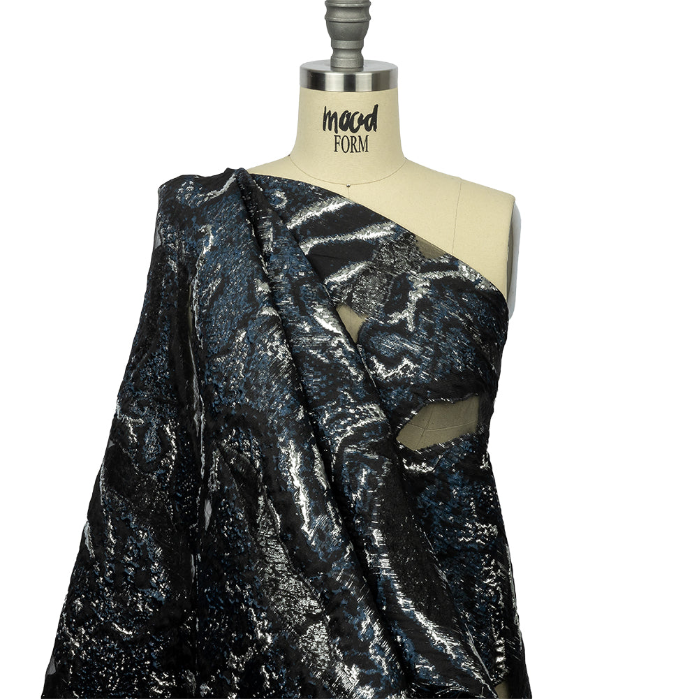 Metallic Silver and Black Abstract Luxury Burnout Brocade - Drape