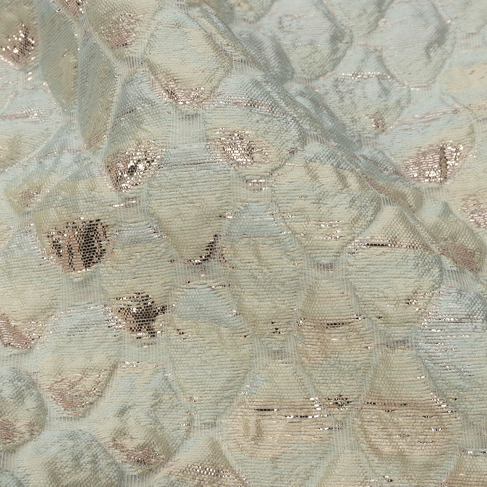 Metallic Pastel Blue and Gold Abstracted Scales Luxury Brocade - Detail