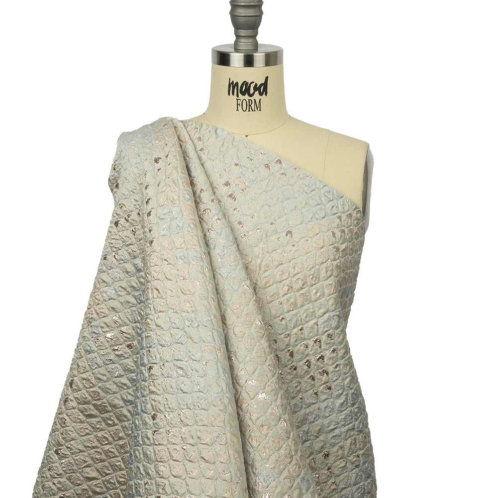 Metallic Pastel Blue and Gold Abstracted Scales Luxury Brocade - Drape