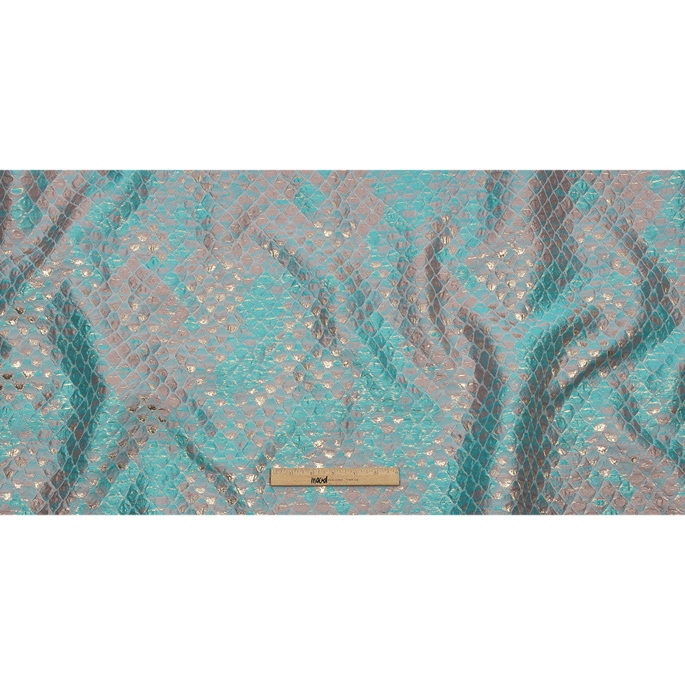 Metallic Pacific Blue and Flamingo Pink Abstracted Scales Luxury Brocade - Full
