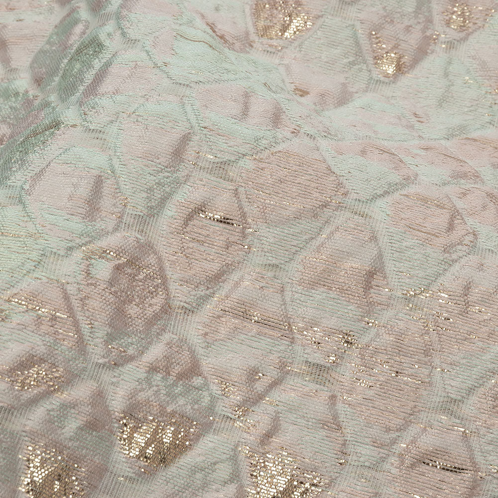 Metallic Gold, Seafoam Blue and Light Pink Abstracted Scales Luxury Brocade - Detail