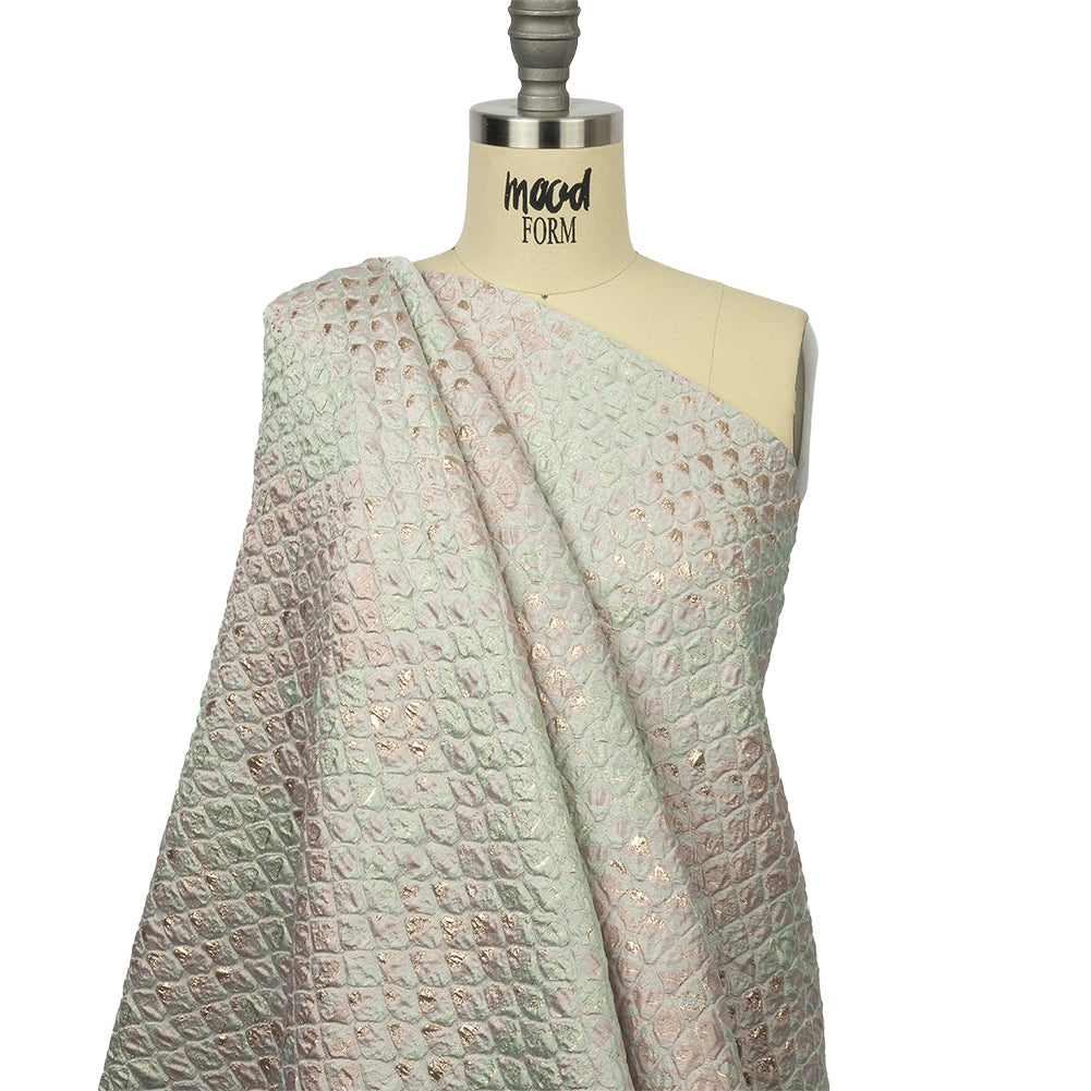 Metallic Gold, Seafoam Blue and Light Pink Abstracted Scales Luxury Brocade - Drape
