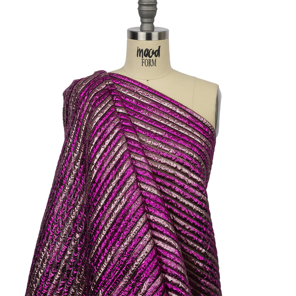 Metallic Magenta Pink and Taffy Pink Luxury Striped Burnout Brocade - Drape