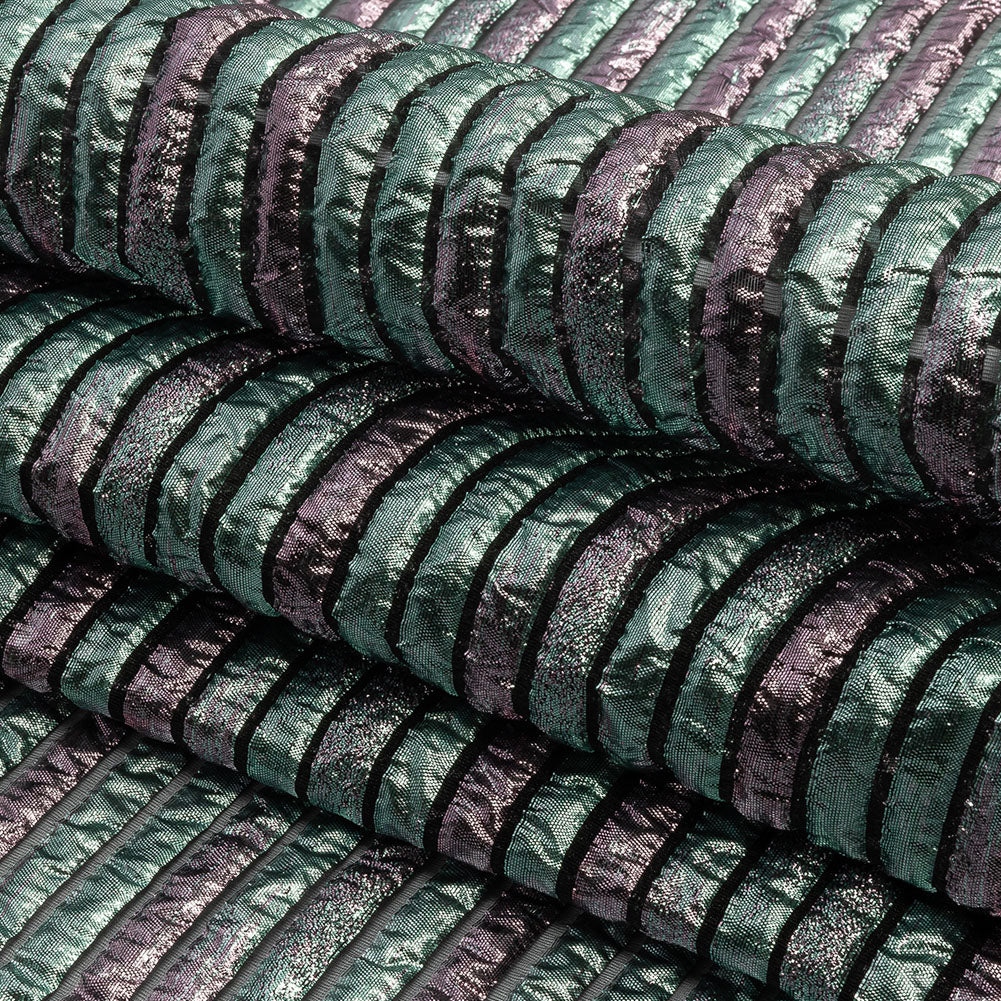 Metallic Turquoise Blue and Rouge Pink Luxury Striped Burnout Brocade - Folded