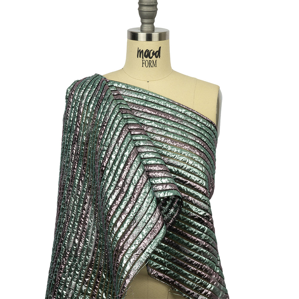 Metallic Turquoise Blue and Rouge Pink Luxury Striped Burnout Brocade - Drape