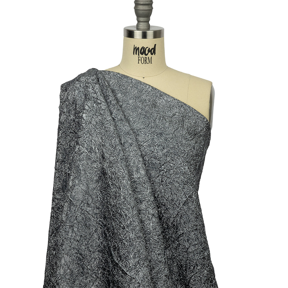 Astrolabe Metallic Dark Silver Crinkled Luxury Brocade with Black Backing - Drape