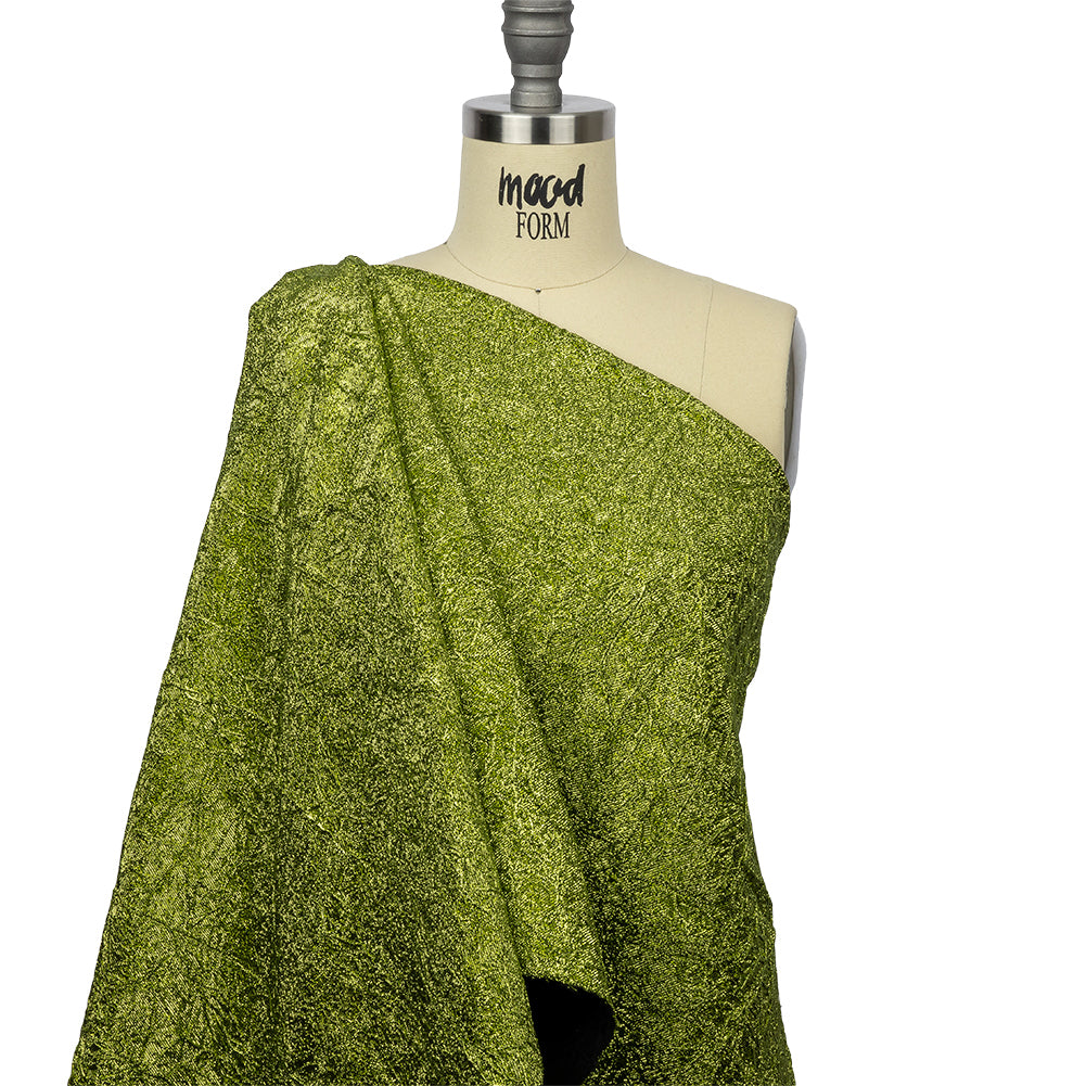 Astrolabe Metallic Lime Green Crinkled Luxury Brocade with Black Backing - Drape