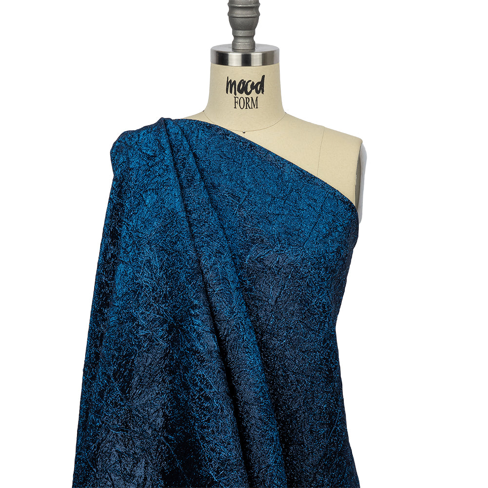 Astrolabe Metallic Navy and Royal Blue Crinkled Luxury Brocade with Black Backing - Drape