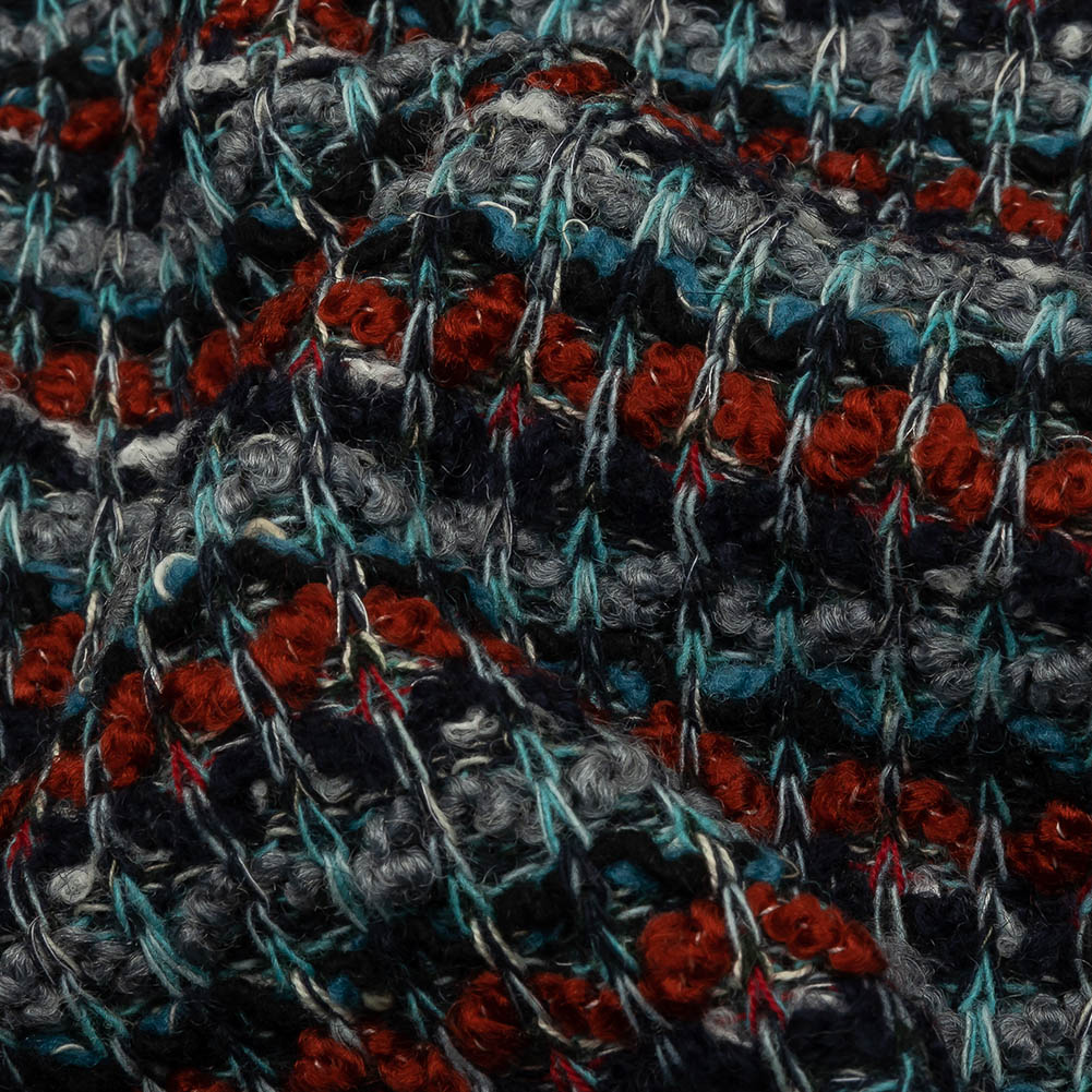 Burnt Orange, Gray and Blue Striped Chunky Wool Blend Boucle Sweater Knit Detail