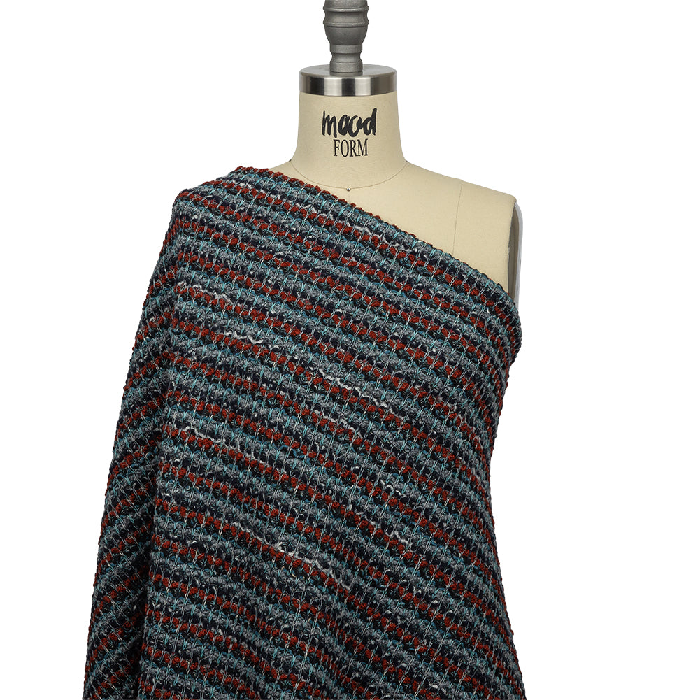 Burnt Orange, Gray and Blue Striped Chunky Wool Blend Boucle Sweater Knit Drape