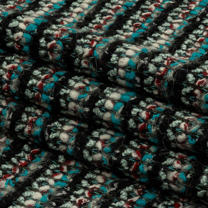 Turquoise, Charcoal and Red Boucle Stripes Chunky Wool Blend Sweater Knit Folded