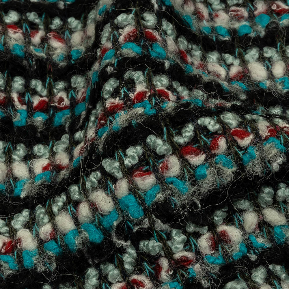 Turquoise, Charcoal and Red Boucle Stripes Chunky Wool Blend Sweater Knit Detail