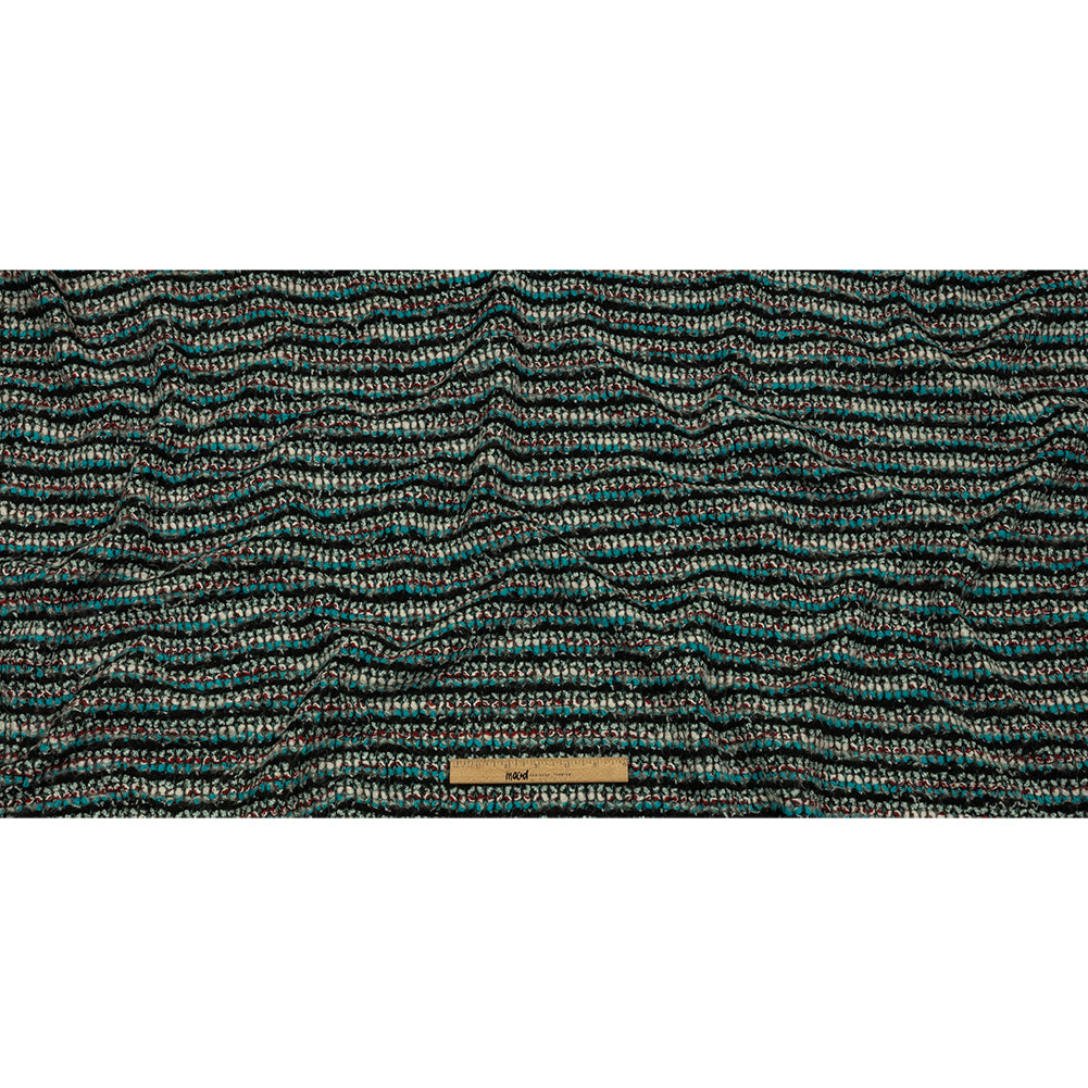 Turquoise, Charcoal and Red Boucle Stripes Chunky Wool Blend Sweater Knit Full