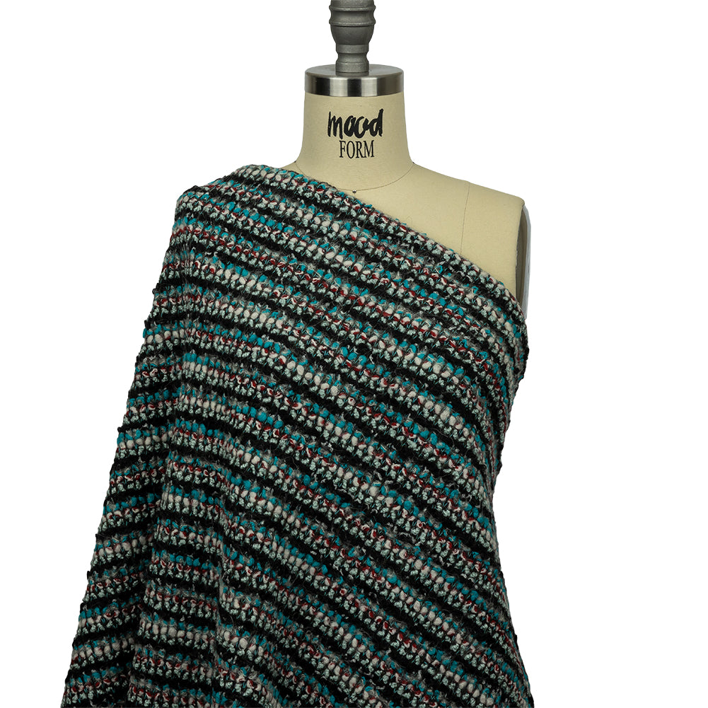 Turquoise, Charcoal and Red Boucle Stripes Chunky Wool Blend Sweater Knit Drape