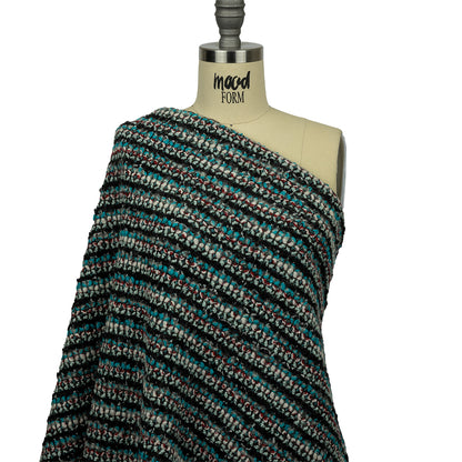 Turquoise, Charcoal and Red Boucle Stripes Chunky Wool Blend Sweater Knit Drape