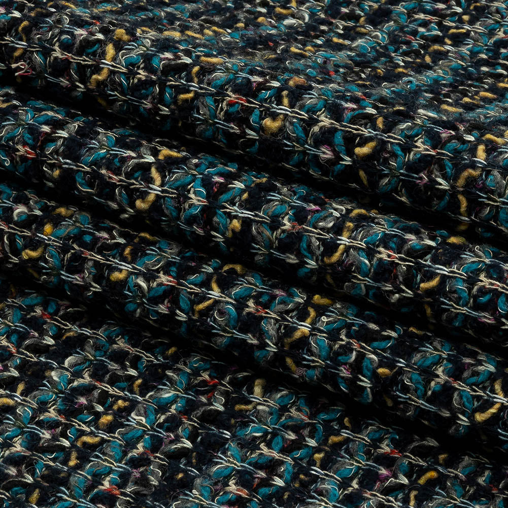 Teal, Yellow and Navy Boucle Stripes Chunky Wool Blend Sweater Knit Folded