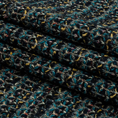 Teal, Yellow and Navy Boucle Stripes Chunky Wool Blend Sweater Knit Folded