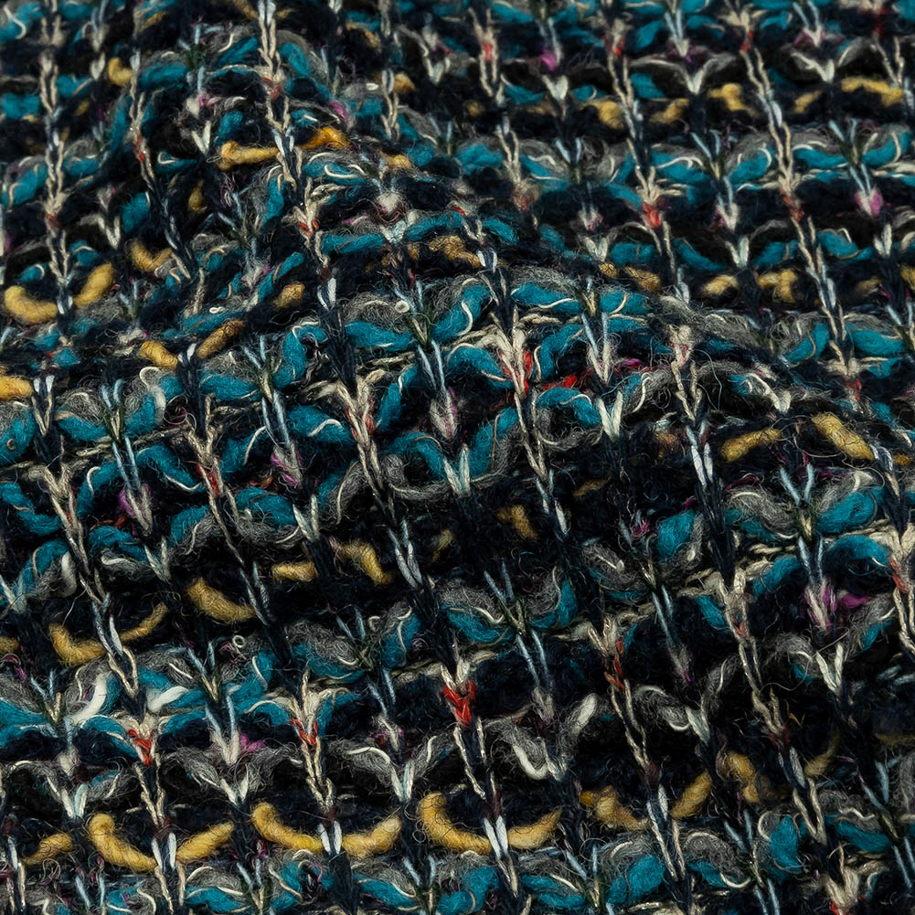 Teal, Yellow and Navy Boucle Stripes Chunky Wool Blend Sweater Knit Detail