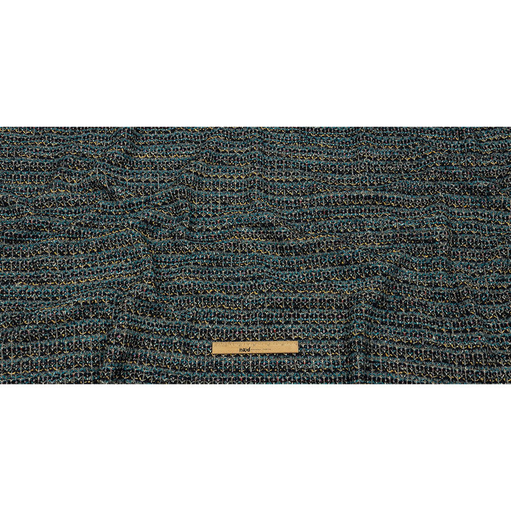 Teal, Yellow and Navy Boucle Stripes Chunky Wool Blend Sweater Knit Full