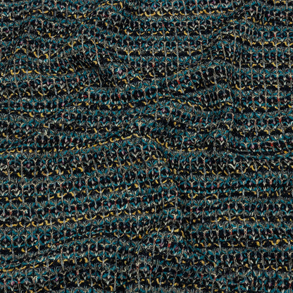 Teal, Yellow and Navy Boucle Stripes Chunky Wool Blend Sweater Knit