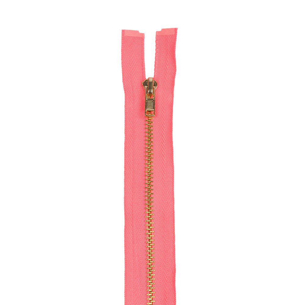 Neon Coral and Gold T3 Open End Metal Zipper - 36" Detail