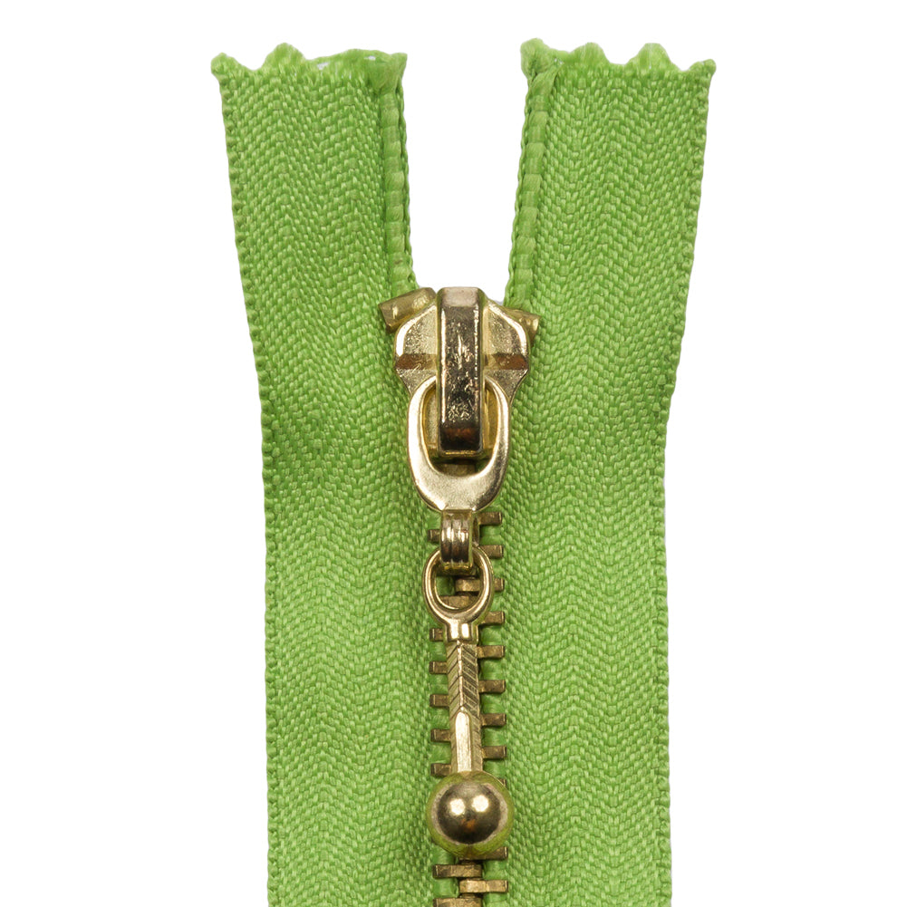 Lime and Antique Gold T5 Closed End Metal Zipper with Decorative Pull - 3.5" Detail
