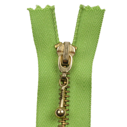 Lime and Antique Gold T5 Closed End Metal Zipper with Decorative Pull - 5" Detail