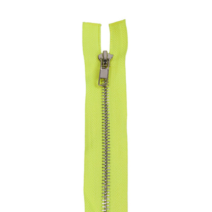 Neon Yellow and Silver T5 Open End Metal Zipper with Two Pulls - 36" Detail