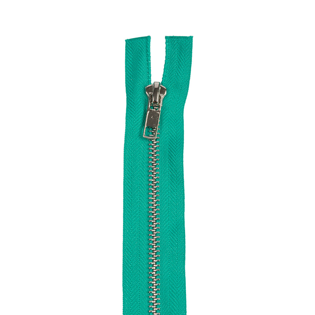 Teal and Silver T5 Open End Metal Zipper with Two Pulls - 36" Detail