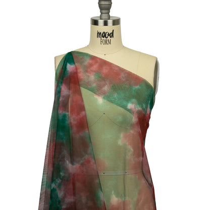 Red and Green Abstract Watercolor Printed Tulle