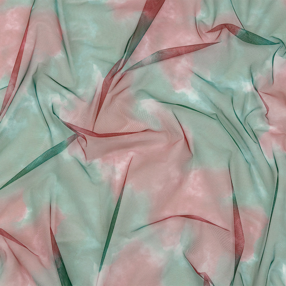 Red and Green Abstract Watercolor Printed Tulle