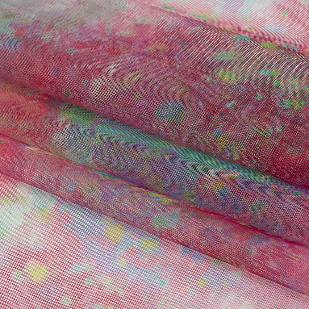 Pink, Green and Yellow Spots and Splatters Watercolor Printed Tulle - Folded