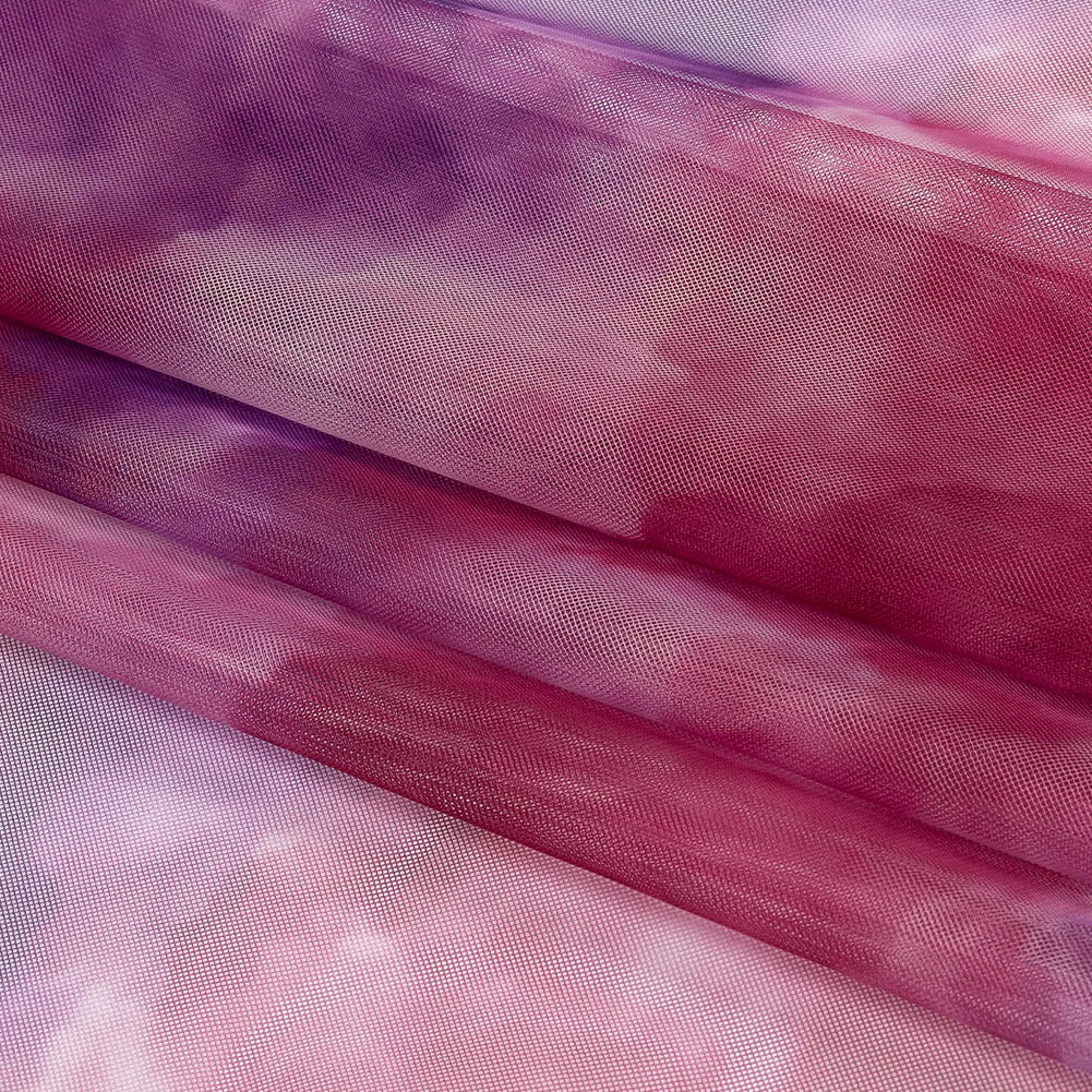 Magenta and Purple Abstract Watercolor Printed Tulle - Folded