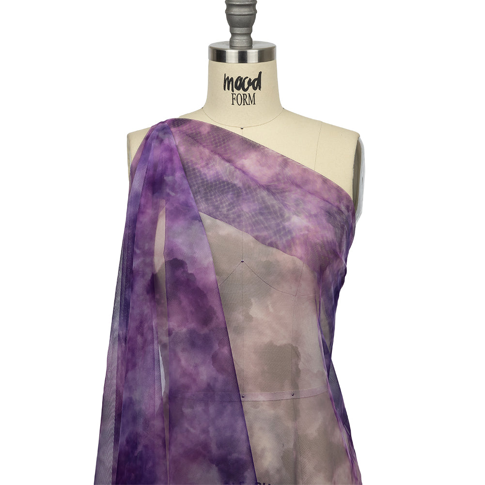 Purple and Ultramarine Abstract Watercolor Printed Tulle - Drape
