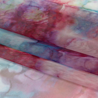 Rose Red and Blue Spotted Watercolor Printed Tulle