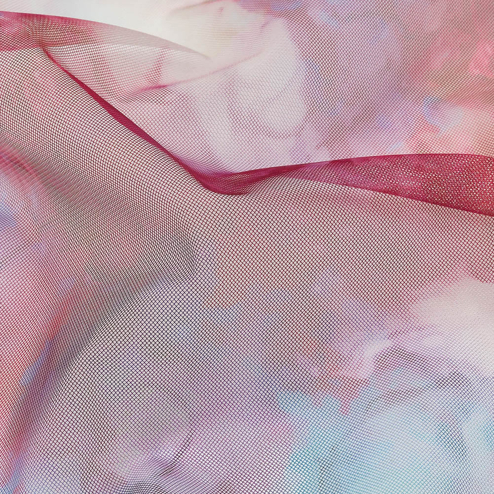 Rose Red and Blue Spotted Watercolor Printed Tulle - Detail
