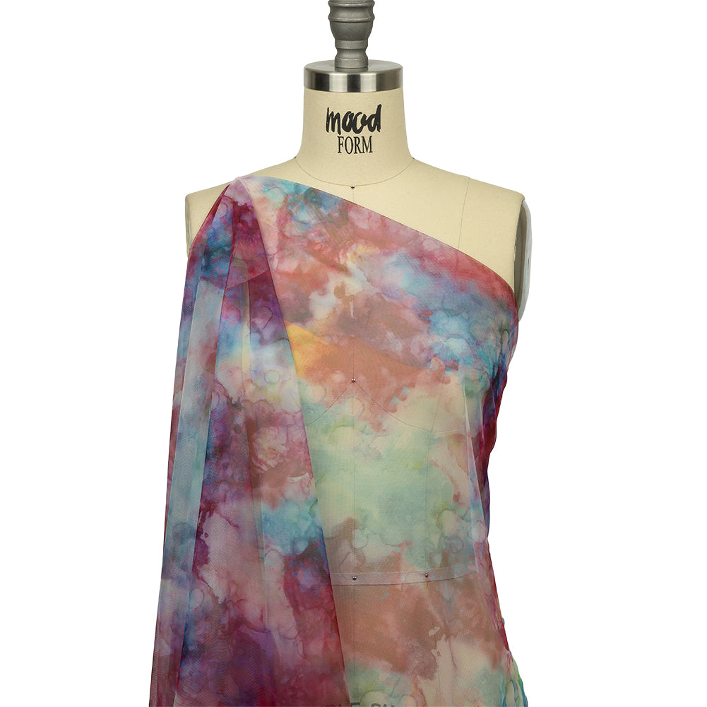 Rose Red and Blue Spotted Watercolor Printed Tulle - Drape