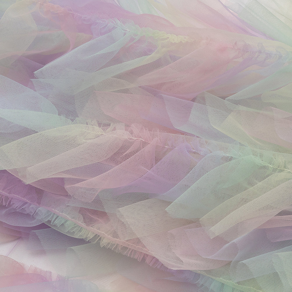Pastel Rainbow Abstract Watercolor Printed Ruffled Tulle - Folded