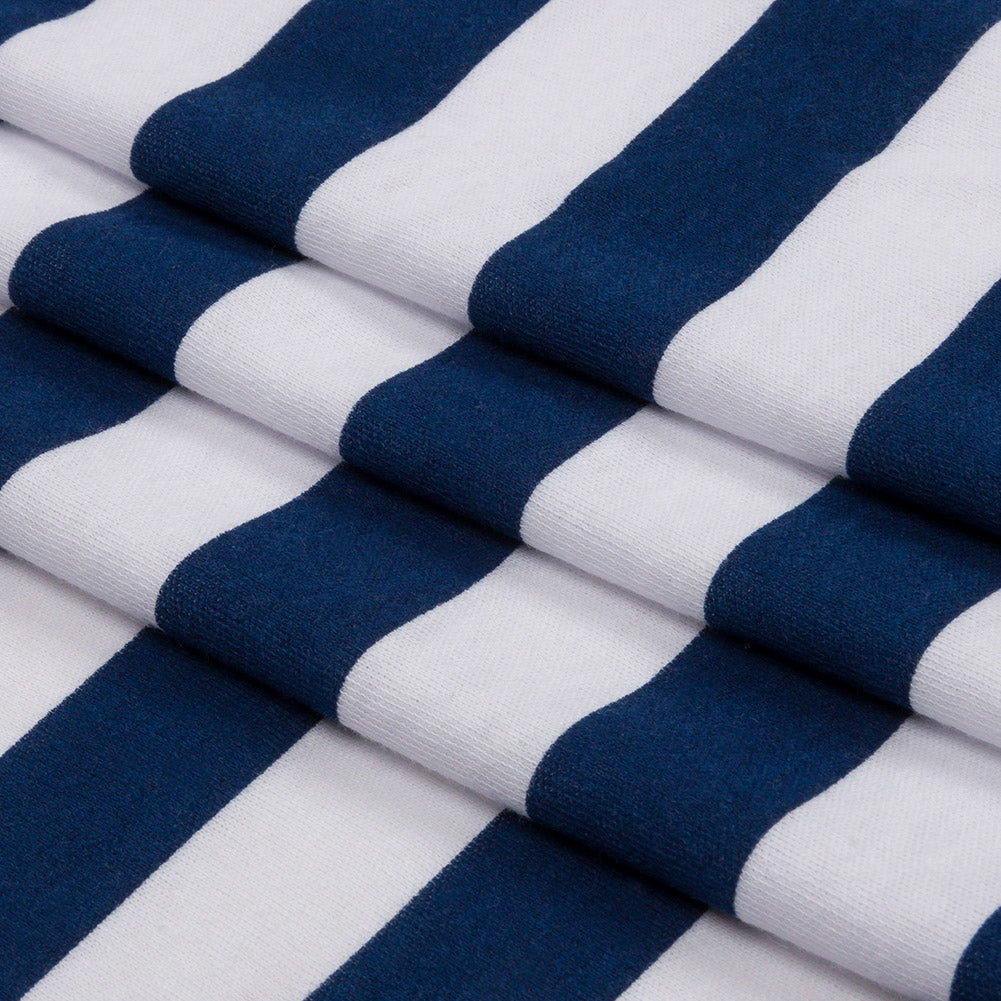 Navy and White Awning Stripes Cotton and Polyester Jersey Folded