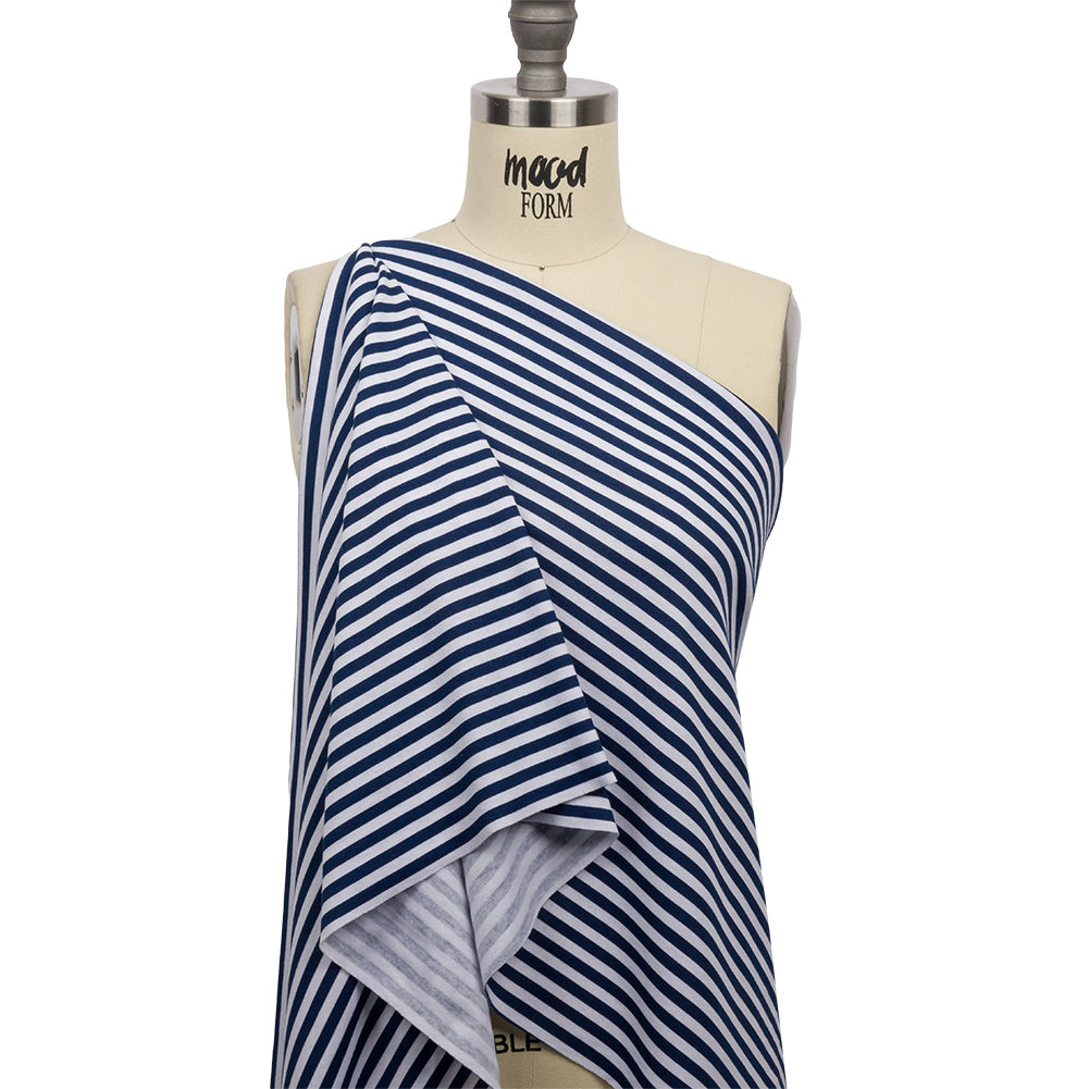 Navy and White Small Stripes Cotton and Polyester Jersey Drape