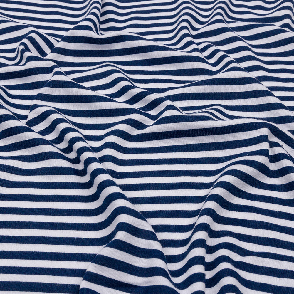 Navy and White Small Stripes Cotton and Polyester Jersey