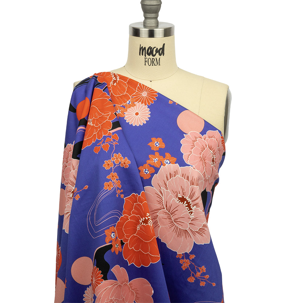 Stretch Cotton Sateen - Blue and Pink Floral - Japanese Daydreams Print - Mood Exclusive Groove Collection Detail