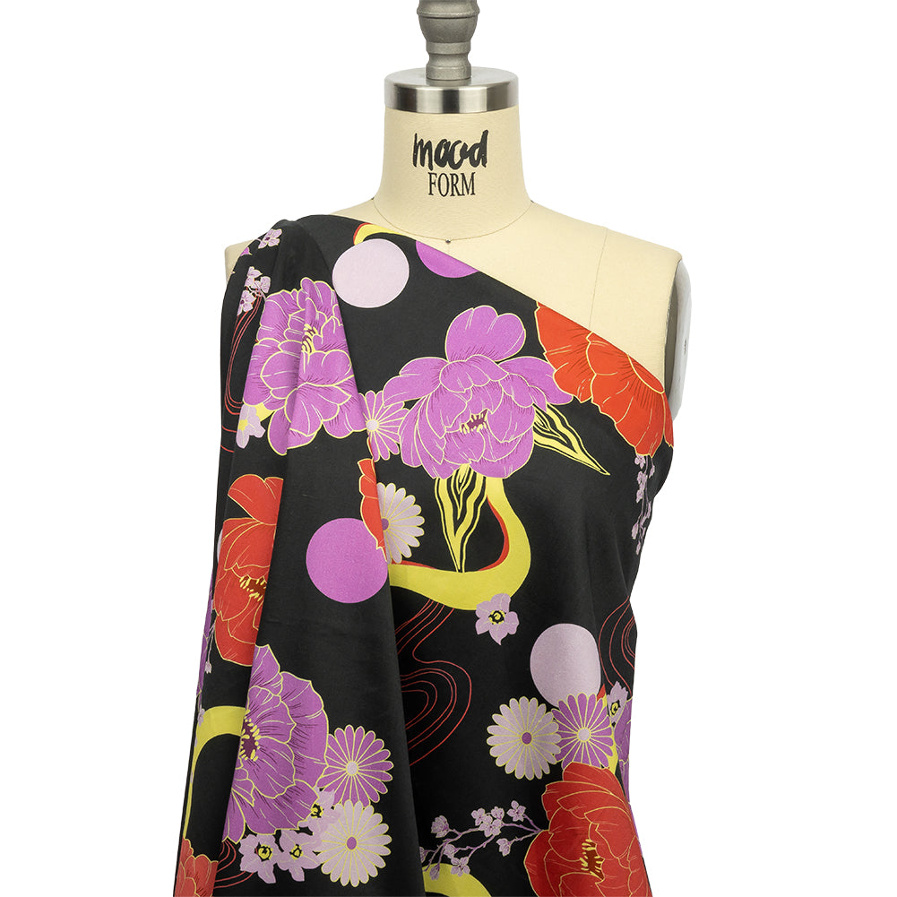 Stretch Cotton Sateen - Black, Red and Purple Floral - Japanese Daydreams Print - Mood Exclusive Groove Collection Detail
